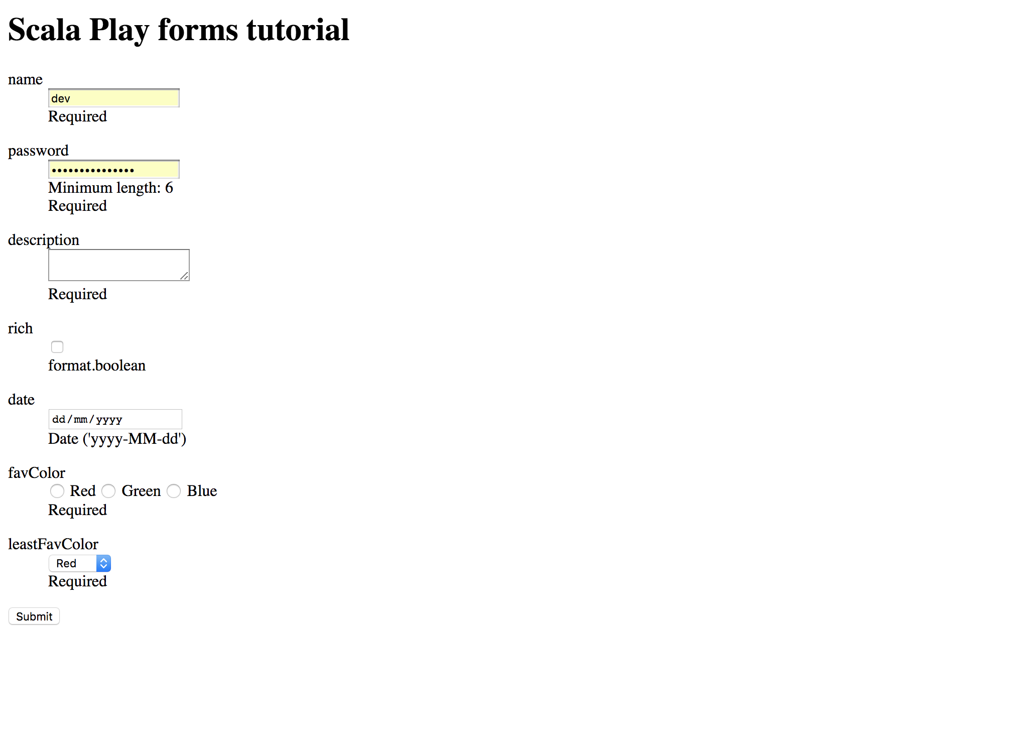 Form with several input types